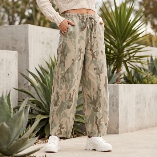 Pantalón militar camuflaje mujer cintura alta corte wide-leg