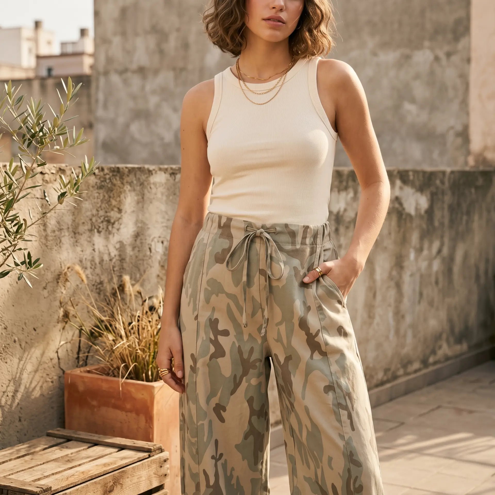 Modelo con pantalón militar camuflaje y top beige