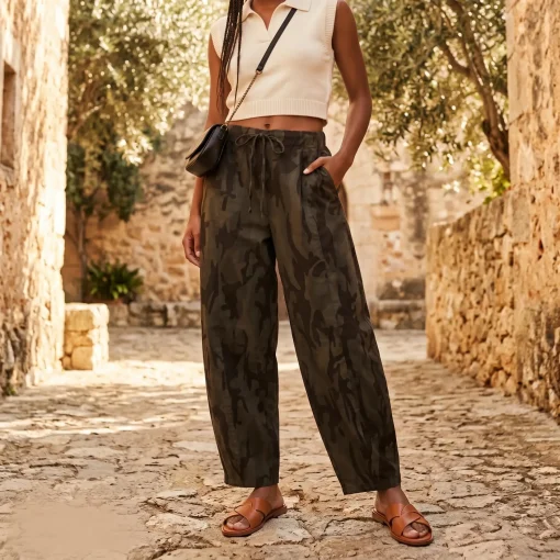 Pantalón militar camuflaje mujer cintura alta corte wide-leg