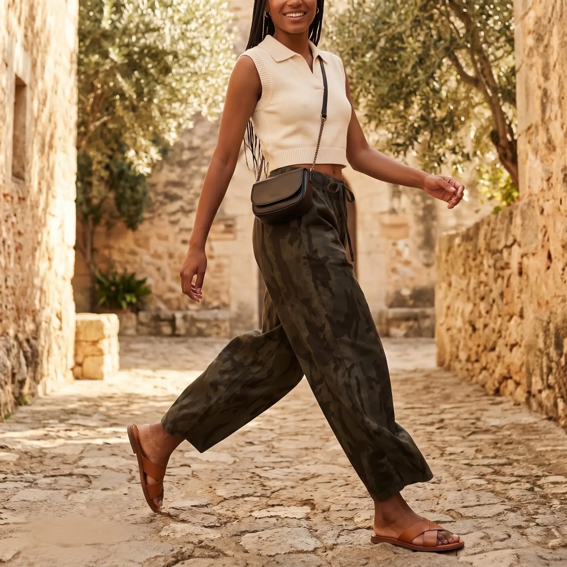 Pantalón militar camuflaje mujer cintura alta corte wide-leg