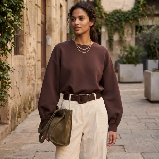 Sudadera de mujer en color marrón chocolate combinada con pantalón blanco de talle alto Miomio