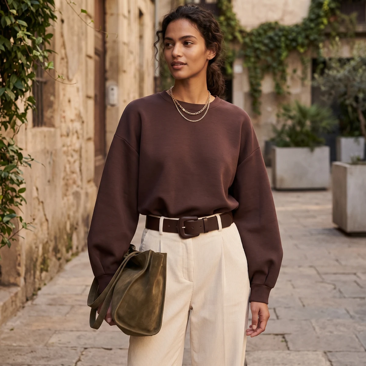 Sudadera de mujer en color marrón chocolate combinada con pantalón blanco de talle alto Miomio
