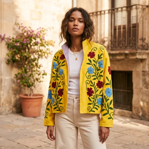 Chaqueta de estilo bohemio en color amarillo con bordados florales Miomio