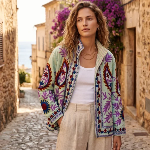 Detalle de chaqueta corta de color verde menta de estampados étnicos Miomio