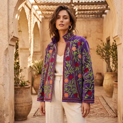Chaqueta de terciopelo lila para mujer con bordados florales artesanales, solapas y forro a rayas. Combinada con una base color marfil