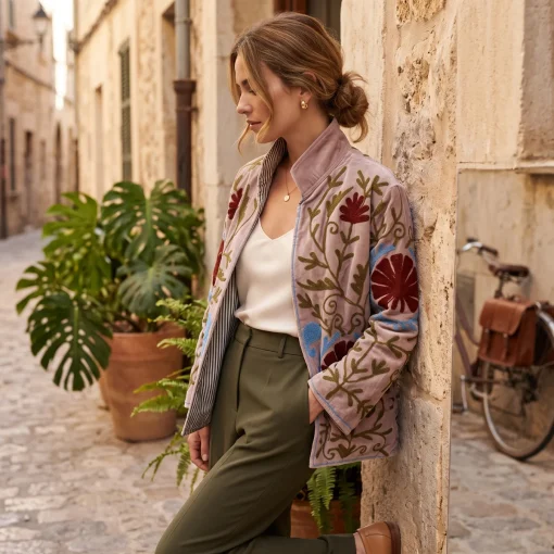Chaqueta estilo bohemio de terciopelo en color malva apoyada contra una pared