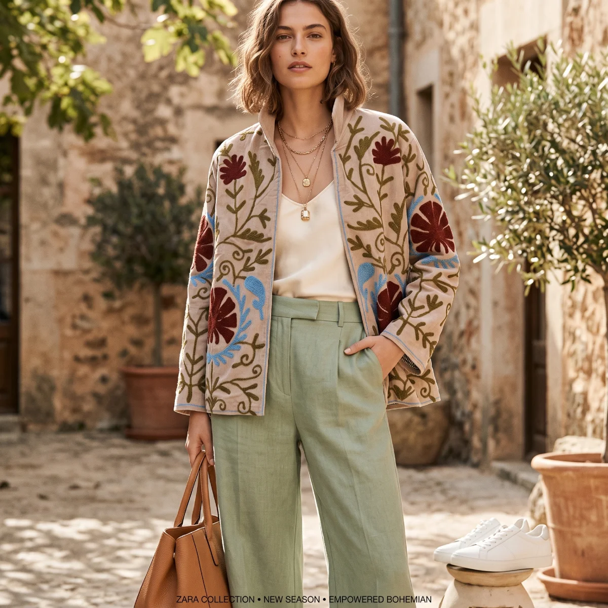 Chaqueta de terciopelo beige claro con bordados artesanales de flores en tonos granate, verde oliva y azul Miomio