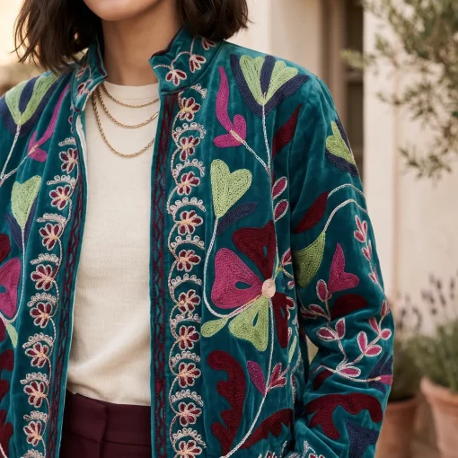 Chaqueta Bordada Floral Verde Esmeralda