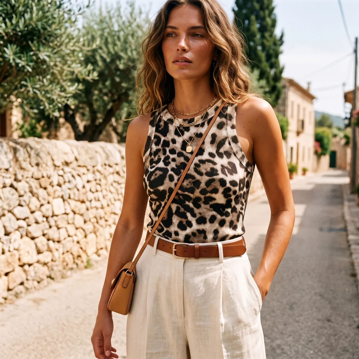 mujer con top leopardo y pantalón lino blanco look verano