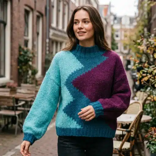 Mujer con jersey de cuello alto en azul y morado Miomio