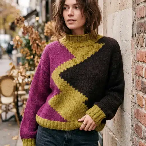 Mujer con jersey de cuello alto en fucsia, mostaza y chocolate