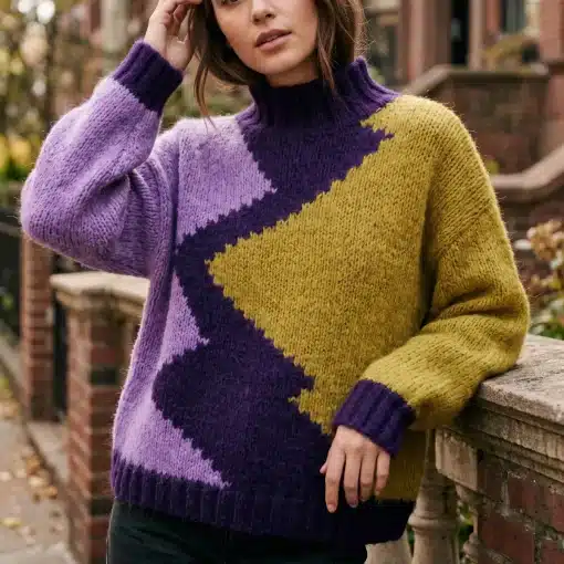 Jersey color block mujer lila, morado y mostaza con cuello alto, Modamiomio